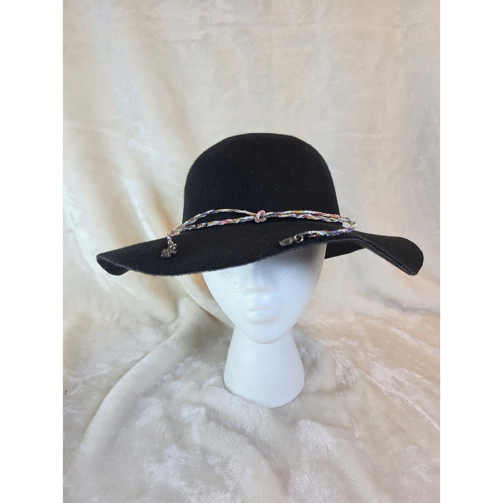 Womens Black Wide Brim Felt‎ Hat Floppy Boho Style Elephant Charm Multi Color